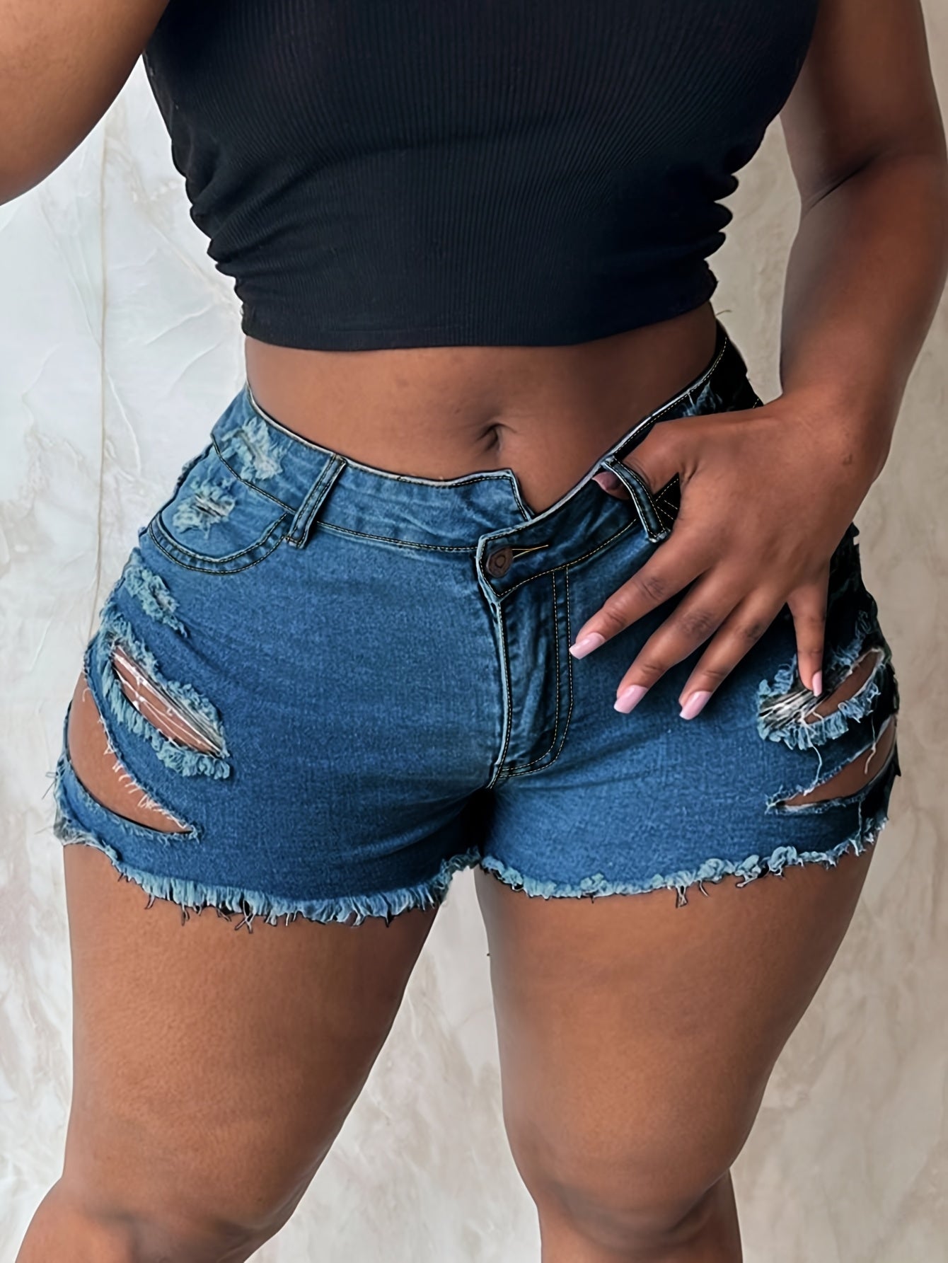 Women's Mid-Rise Ripped Denim Shorts with Frayed Hem, Distressed Detailing & Built-in Zipper Pockets - Casual Summer Straight Leg Jean Shorts in Blue, Summer Casual Wear | Trendy Ripped Shorts | Durable Denim